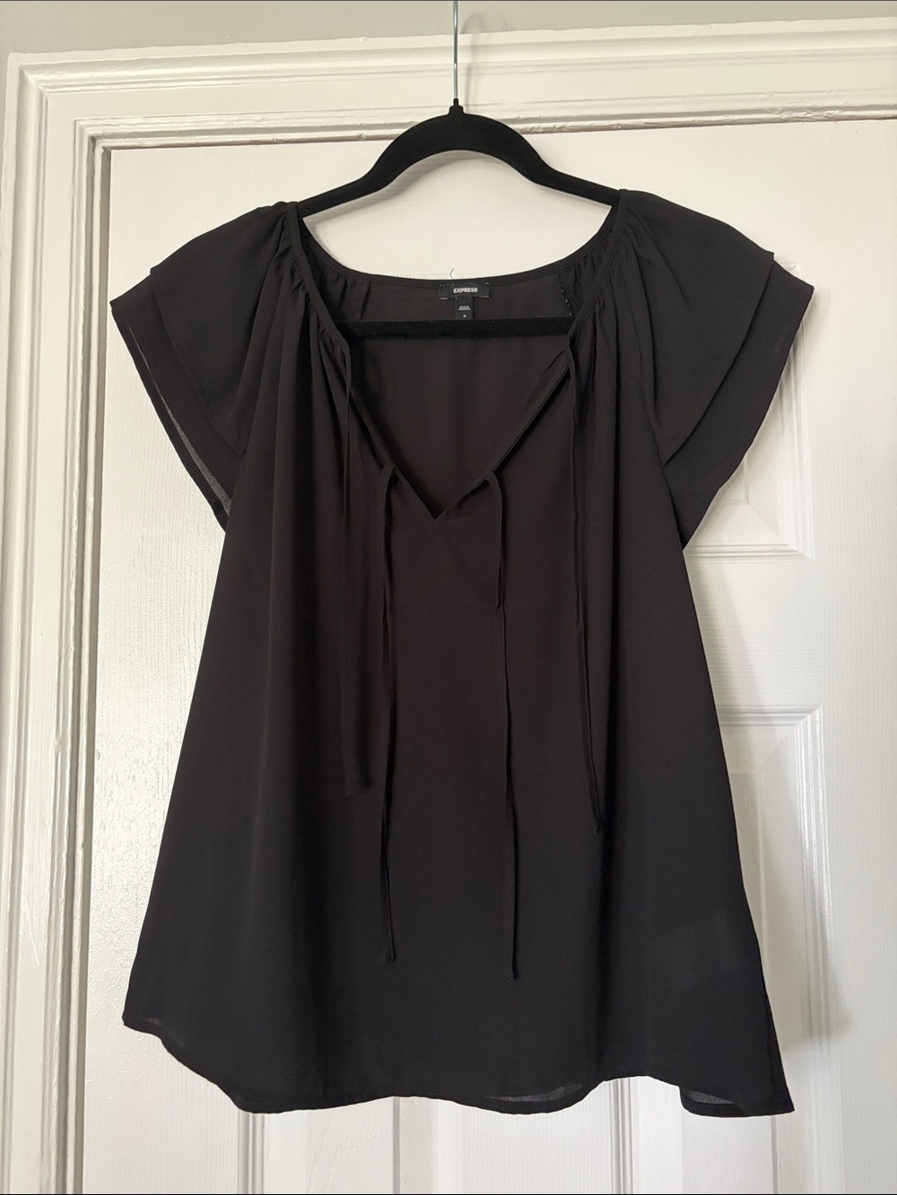 Express Black Tie-Neck Flutter Sleeve Blouse